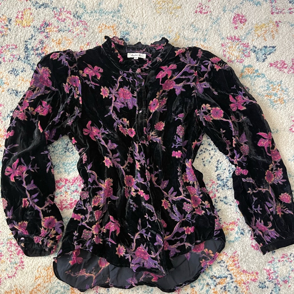 Another Love Black Velvet Blouse with Pink & Purple Floral Embroidery